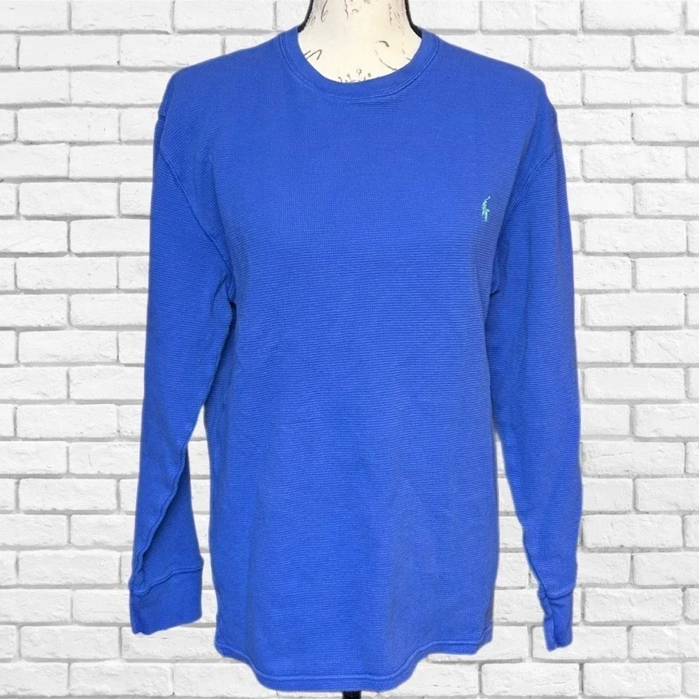 Polo Ralph‎ Lauren Mens Blue Waffle Knit Thermal Long Sleeve Shirt Large L Pony